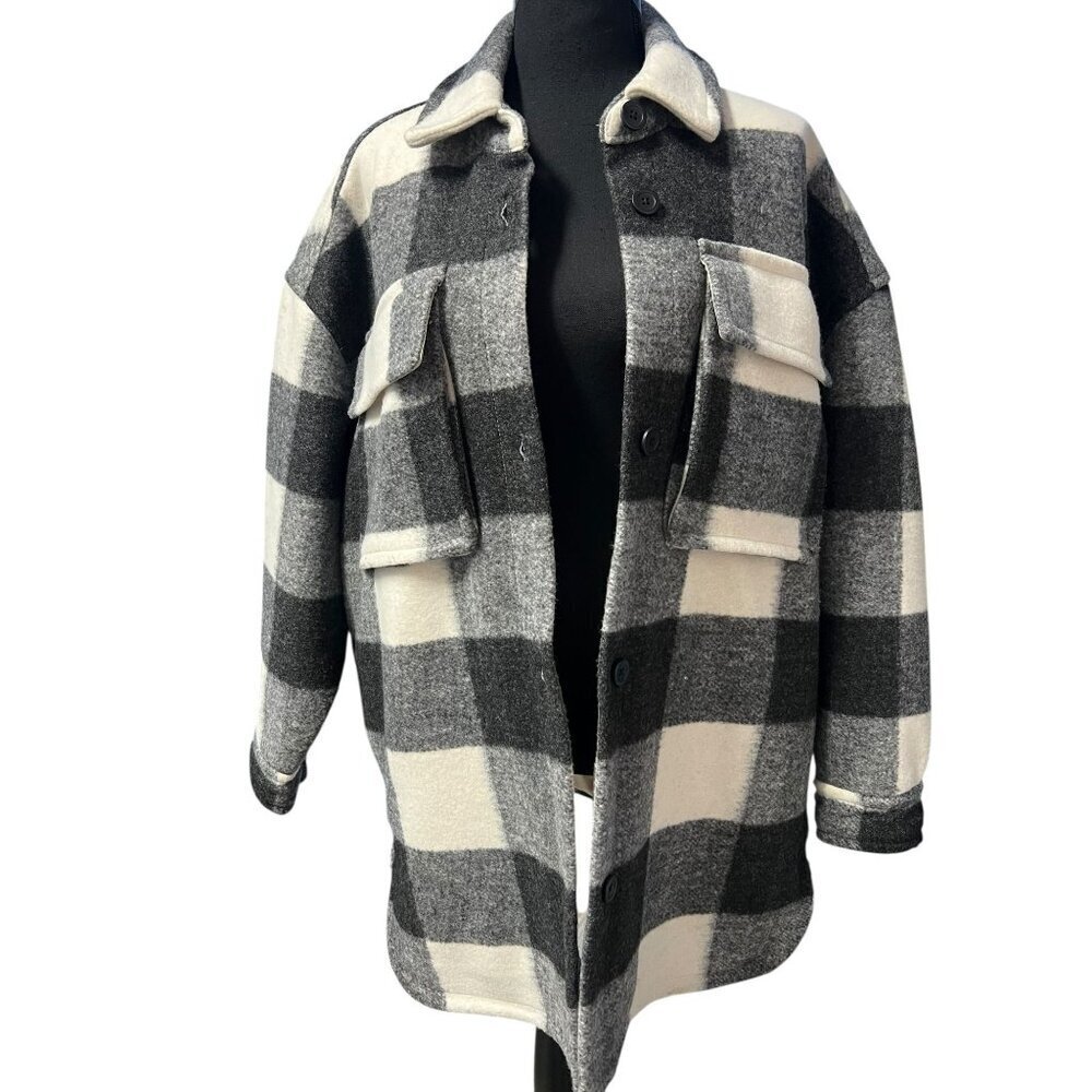 Abercrombie & fitch Oversized Jacket Women M Black White Buffalo Plaid Shacket - Picture 2 of 9